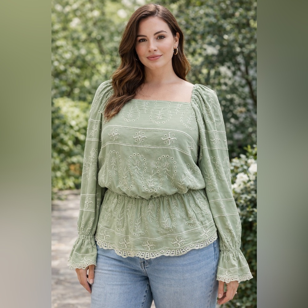 Cato Ilet Sage Green Eyelet Embroidered Square Neck Peplum Blouse L